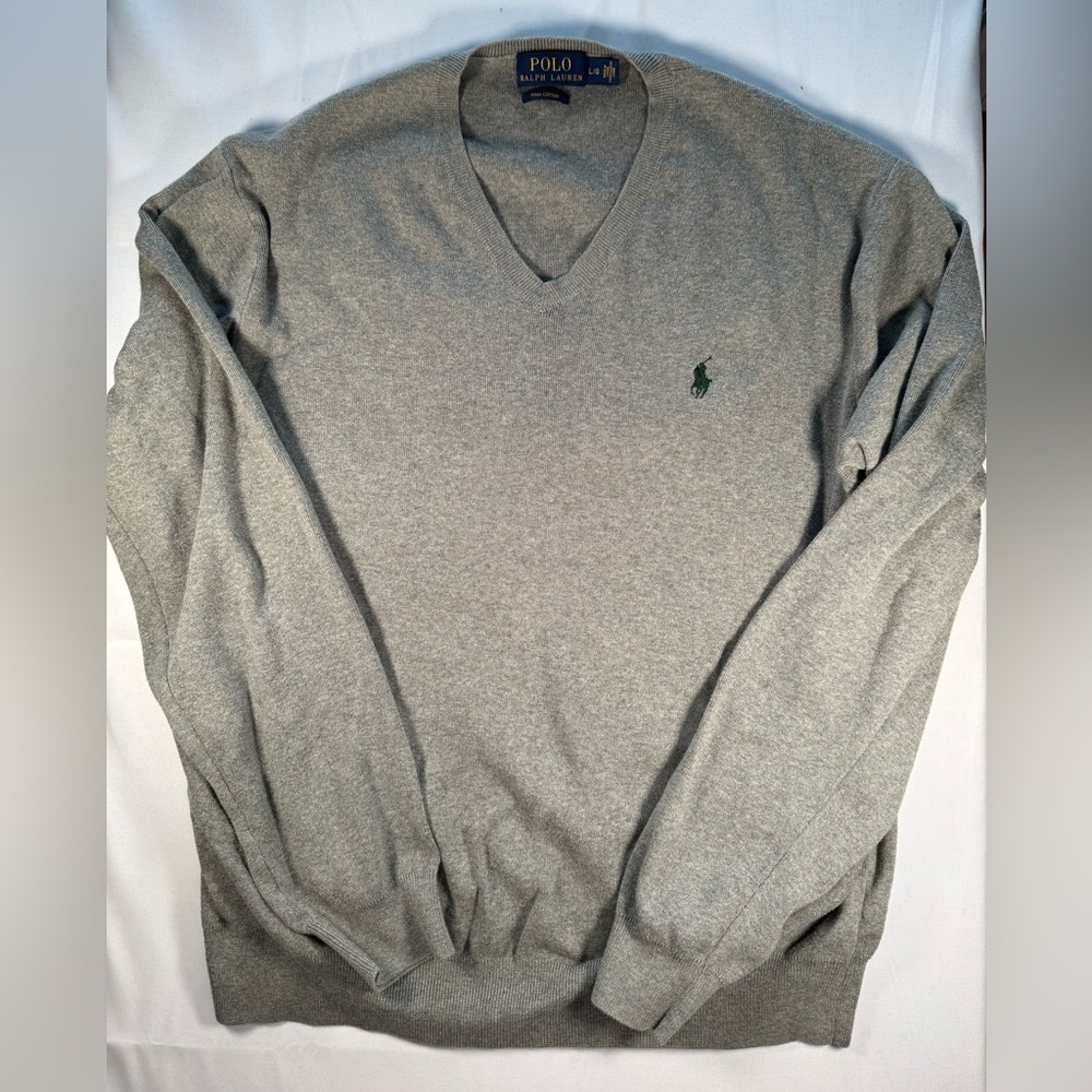 Polo by Ralph Lauren Gray V-Neck Sweater with Green Pony Logo